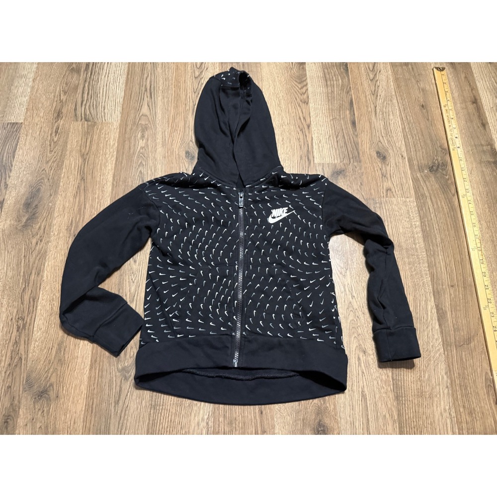 Nike Shirts Girls Size 6X Black Full Zip Sweatshirt Allover Print Swoosh Logo